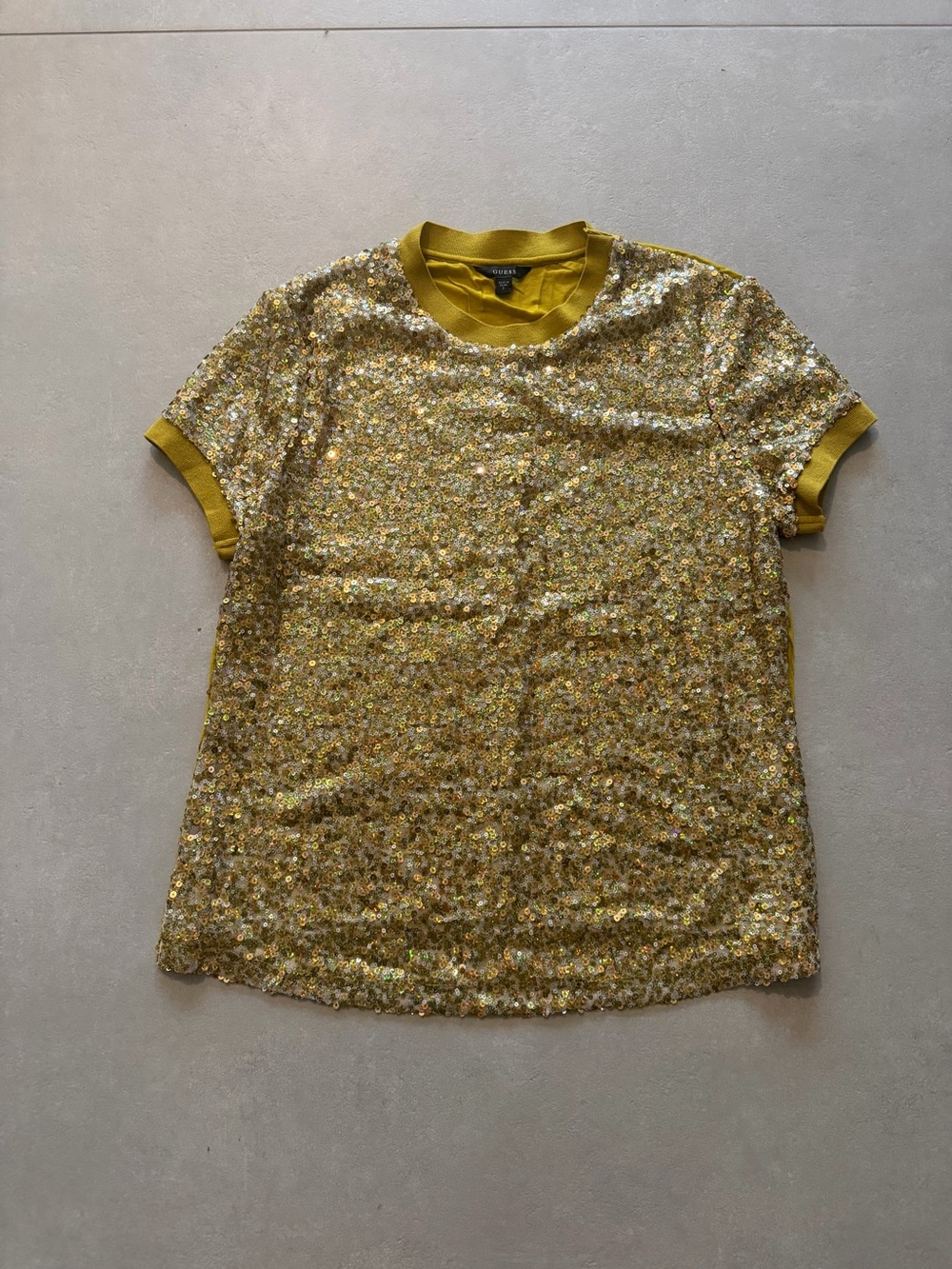 Guess Gold Sequin Short Sleeve Crewneck Top